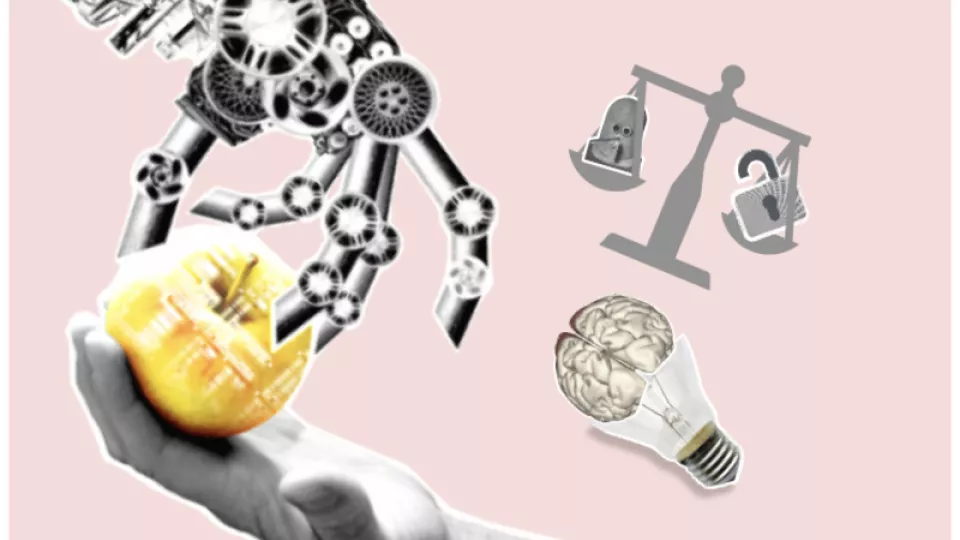 Abstract image containing a human and a robot hand, a lightbulb, and scales. Illustration.