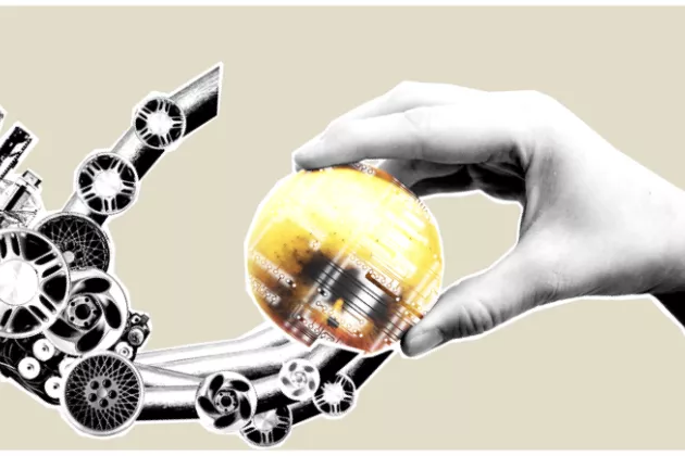 Robot hand and human hand gripping an apple