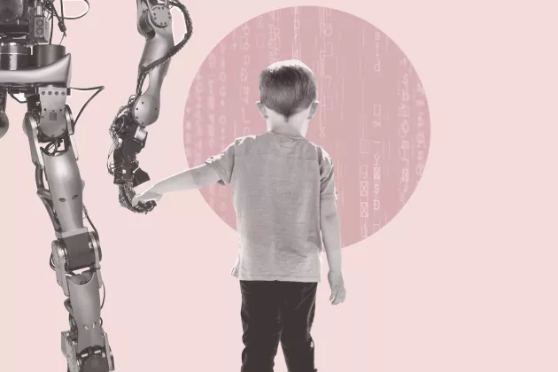 Illustration: Boy leading robot into the future.