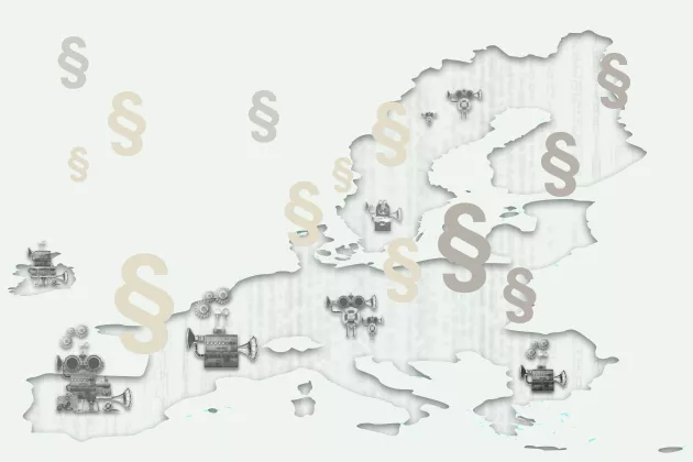 Illustration: Symbolic illustration of law paragraphs raining over robots distributed over an EU map.