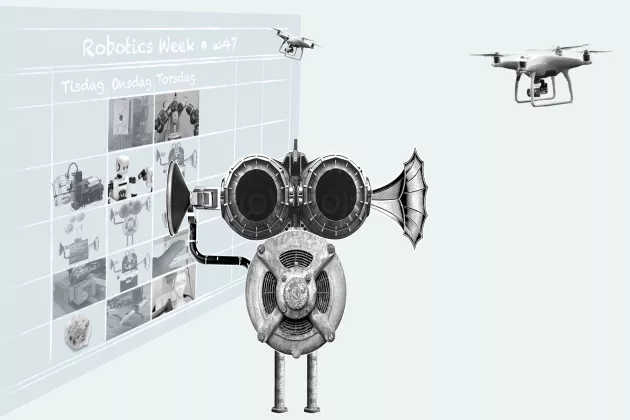 Illustration. Glad robot visar robotveckans veckoschema tisdag till torsdag. I bakgrunden flyger drönare.
