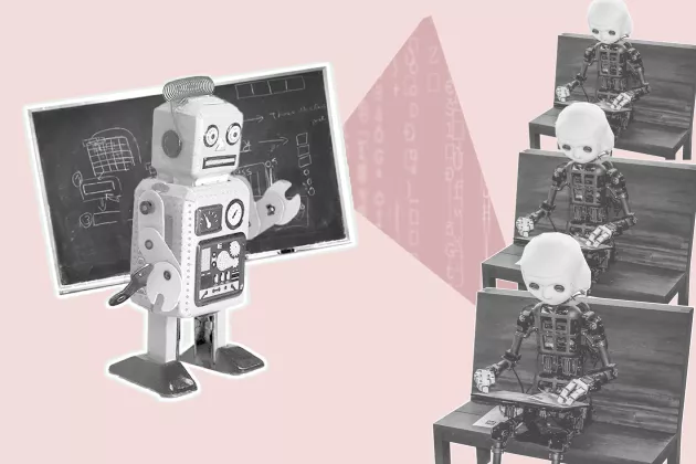 Illustration. Ai in Edudation - Robot teaching robot school kids.