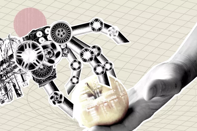 2025-04-09.png Illustration. Robot AI providing the fruit of knowledge to human agains a bacground og at time space vortex.