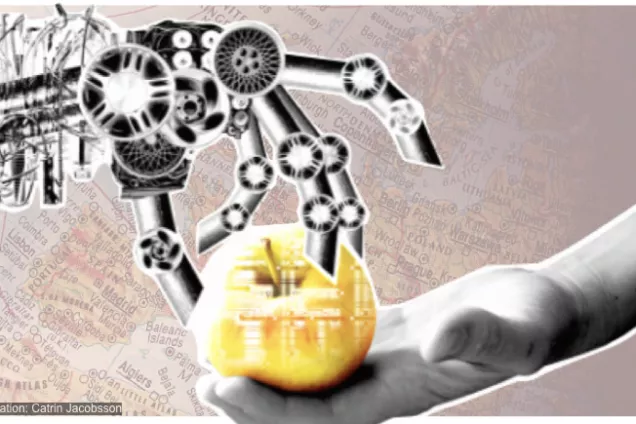 image. robot hand reaching for an apple placed in a human hand. map of Europe in the background. 
