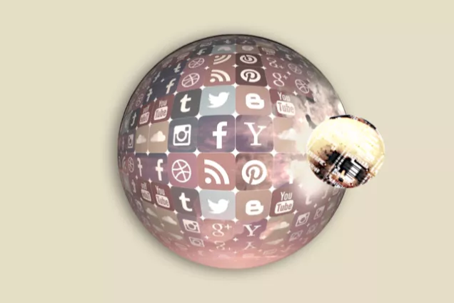 Picture. Orb with social media icons in it.
