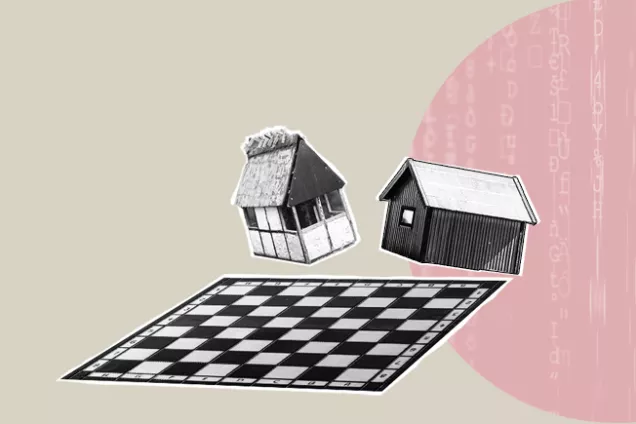 Picture. Two houses and a chessboard. In the background: semicircle with code in it. 