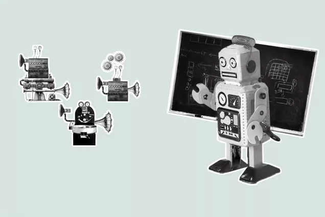 Robot teaching AI to smaller robots. Illustration.