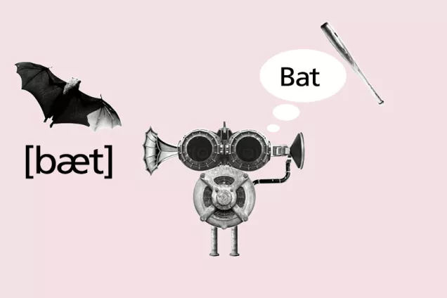 Robot confusing a the mammal bat with a hitting bat. Illustration.