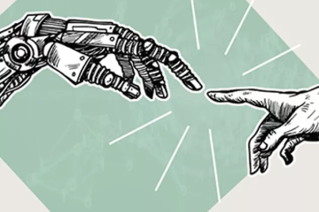 Picture. Two hands pointing at each other, one robot and one human. 