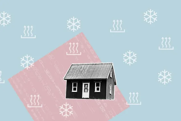 Picture. A house with symbols of cold and heat around it. 