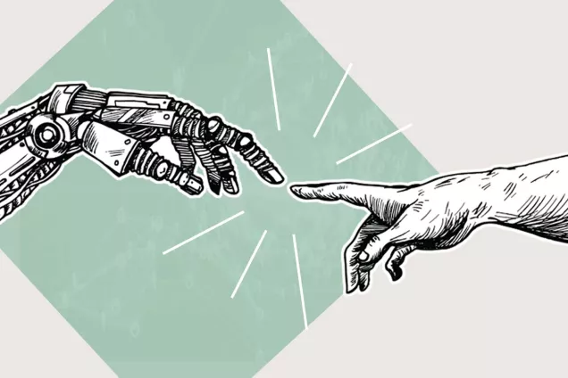 Picture. A robot hand and human hand touching. 