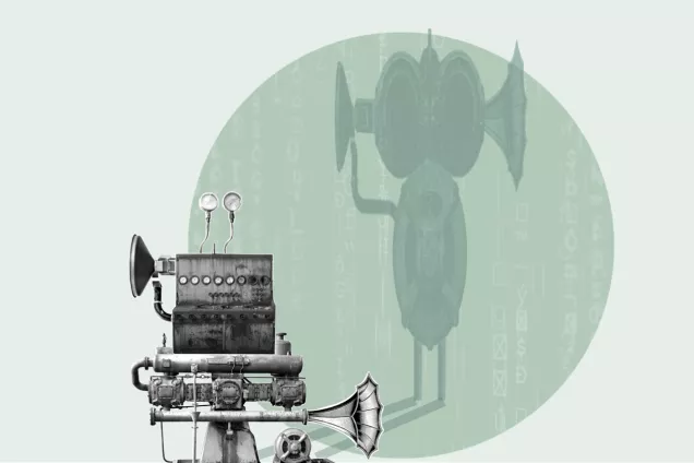 Illustration. Digital imaginaries - a robot casting a shadow of another typ of robot on a circular backdrop of symbols