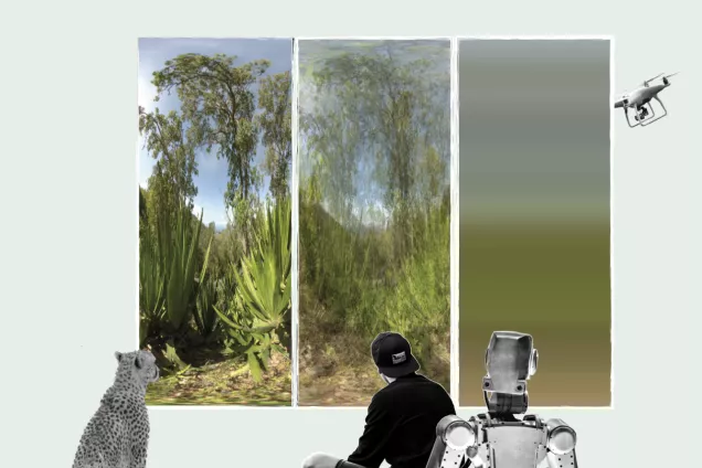 Illustration: Jaguar, Robot and human looking at a segment of a forest in different visual spectra.
