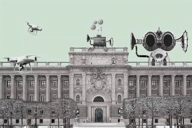 Illustration. Swedish parliament building, robots and drones.