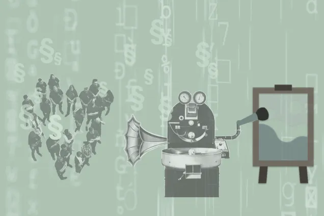 Illustration. Robot generate art based on human data while paragraph tolkens rain down in the backgroun.d