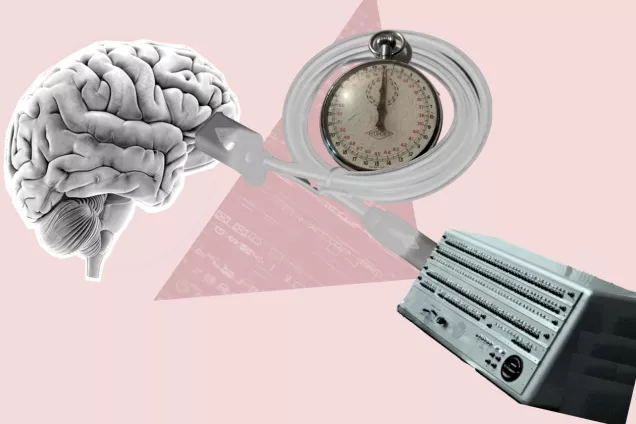 Illustration. Brain conceted to old computer via usb cable suronding a stop watch.