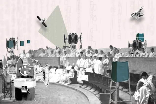Illustration. Robots interacting with parliamentarian and deliberative democracy.