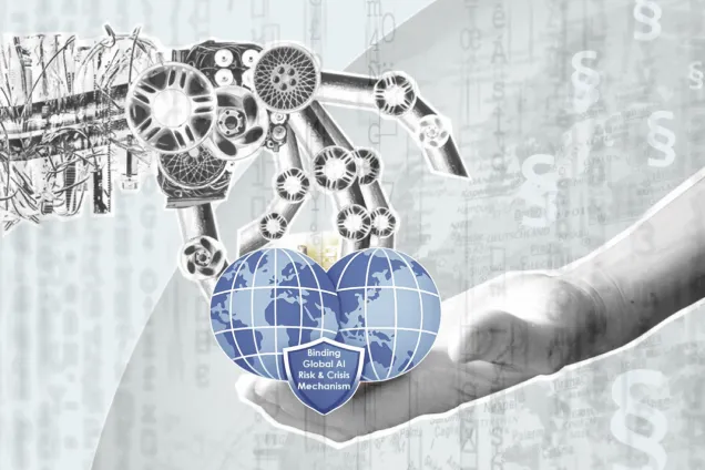 Illustration. Human hand and robot hand negotiation over Global AI Risk & Crisis Mechanism