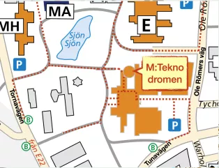 Map. Pathways to Teknodromen, Ole Römers väg 1 Lund.