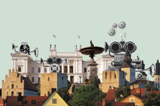 Illustration. Robotar i Visby framför Lunds universitet.