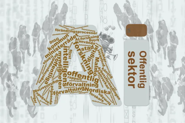 Grå bakgrund med mörkgrå gestalter, i mitten av bilden syns bokstäverna AI som utgörs av ord relaterat till offentlig sektor. 