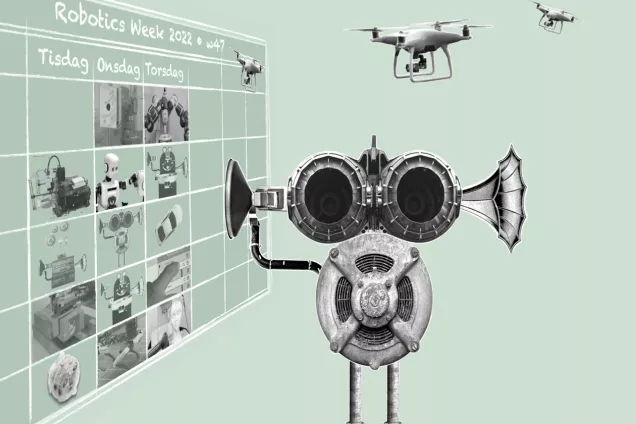 Illustration: Robot visar symboliskt veckoschema för robotveckan 2022.