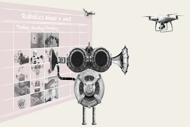 Illustration. Glad robot visar robotveckans veckoschema tisdag till torsdag. I bakgrunden flyger drönare.